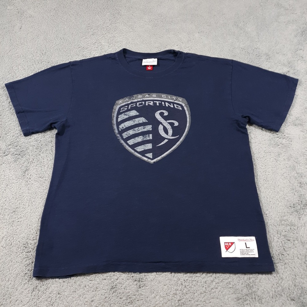 Mitchell & Ness Sporting KC T-Shirt Mens Large MLS Navy Blue Soccer Short Sleeve